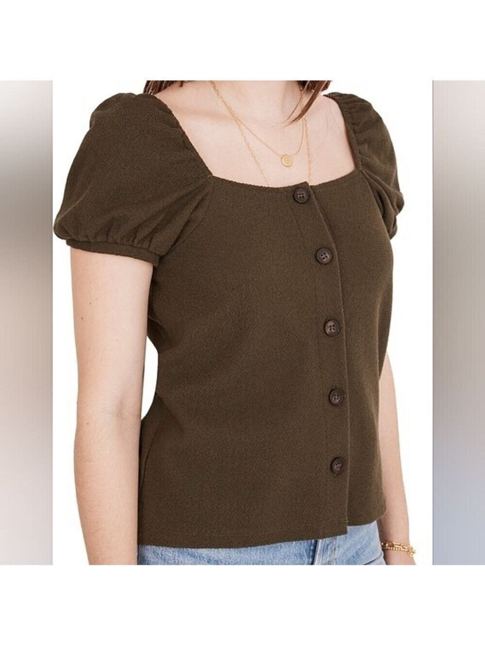 3X • Madewell • Jacquard Square Neck Puff Sleeve Top - Olive Green